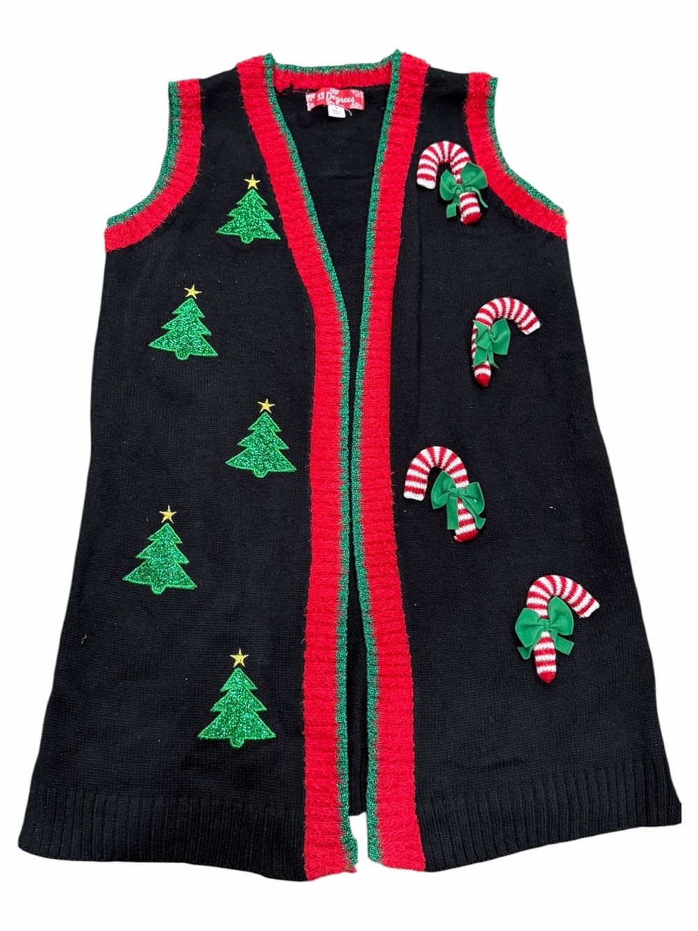 Christmas Embroidered Open Duster Cardigan Sweater Vest Size Medium Black